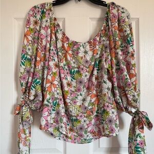 CeCe Multicolor Floral Blouse with Tie Sleeves